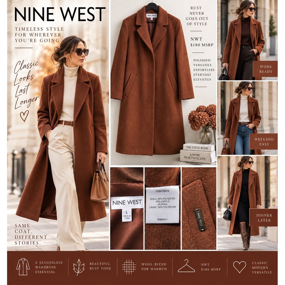 Nine West Womens Large Rust Brown Long Coat NWT Wool Blend Z1401